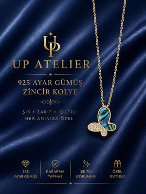 Up Atelier 925 Ayar Gümüş Ithal Zincirli Mavi Zirkon Taşlı Kelebek Model Kolye 40-45cm Ayarlanabilir