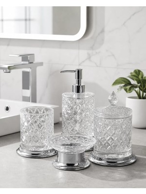 Kozak Kristal Serisi Cam Banyo Seti, 4 Parça Sıvı Sabunluk,fırçalık,katı Sabunluk,pamukluk