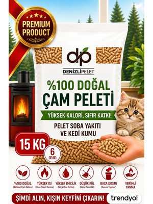 Denizli Pelet %100 Doğal Çam Pelet Kedi Kumu & Yakıt 30 lt 15 kg  6 mm İnce Taneli Koku Absorbe Edici Topaklaşmayan