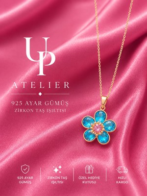 Up Atelier 925 Ayar Gümüş Ithal Zincirli Zirkon Taşlı Aqua Renk Çiçek Kolye 40-45cm Ayarlanabilir