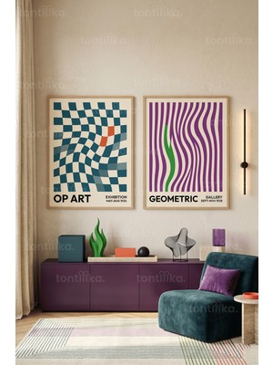 Tontilika Optik Illüzyon ve Geometrik Sanat 2'li Ahşap Çerçeveli Tablo Seti