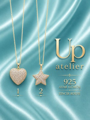 Up Atelier 925 Ayar Gümüş Ithal Zincirli Zirkon Taşlı Kalp ve Yıldız Kolye 40-45 Ayarlanabilir