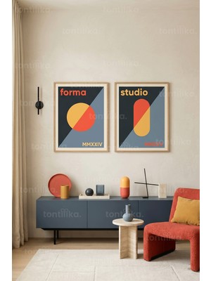 Tontilika Geometrik Minimalist 2'li Ahşap Çerçeveli Tablo Seti