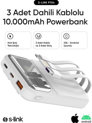 S-link P104 10000mAh PRM Dahili Kablolu HSC22.5W+PD20W Beyaz LCD Taşınabilir Pil Şarj Cihazı Powerbank