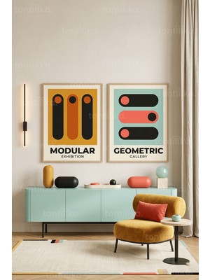 Tontilika Geometrik Modern Sanat 2'li Ahşap Çerçeveli Tablo Seti