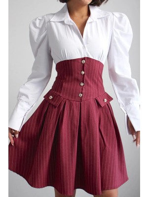 Ded Collection Kadın Beyaz Gömlek Üstlü Çizgili Korse Detaylı Zarif Vintage Stil Elbise