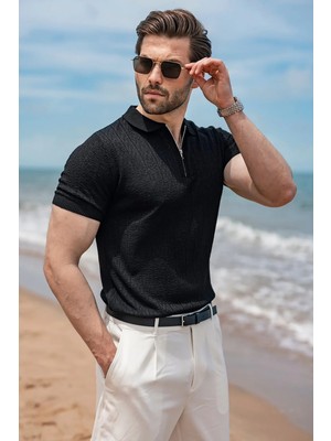 Madmext Siyah Regular Fit Polo Yaka Triko Erkek Tişört E7503