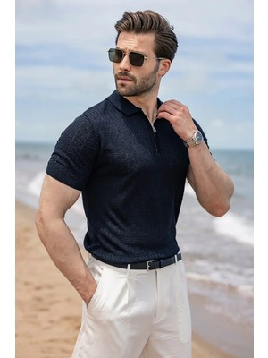 Madmext Lacivert Regular Fit Polo Yaka Triko Erkek Tişört E7503