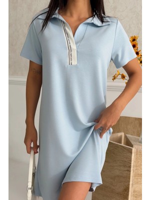 Ded Collection Kadın Yakası Yazı Detaylı Polo Yaka Kısa Kol Modal Yazlık Elbise
