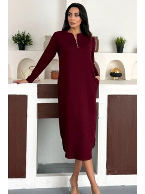 Ded Collection Kadın Yarım Fermuarlı Uzun Kollu Eteği Oval Midi Modal Elbise