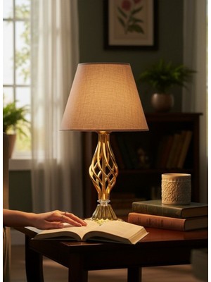 dekovien Vizon Kumaş Başlık Gold Burgulu Metal Ayak Modern Abajur 50X25CM