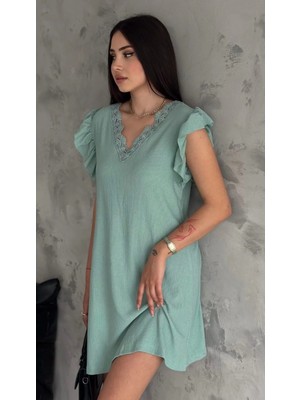 Ded Collection Kadın Dantel Yaka Bürümcük Kumaş Yazlık Elbise