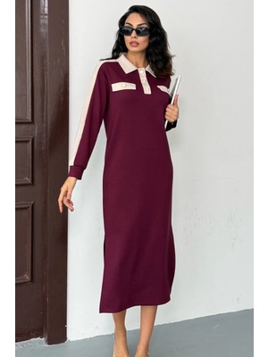 Ded Collection Kadın Polo Yaka Süs Düğmeli ve Cepli Midi Boy Modal Elbise