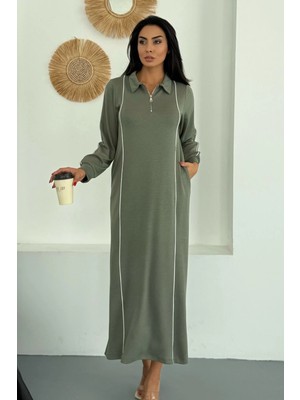 Ded Collection Kadın Polo Yaka Yarım Fermuarlı Arabiyeli Uzun Modal Elbise