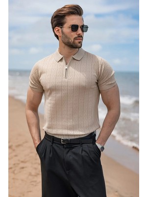 Madmext Taş Rengi Regular Fit Polo Yaka Triko Erkek Tişört E7503