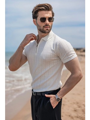 Madmext Ekru Regular Fit Polo Yaka Triko Erkek Tişört E7503