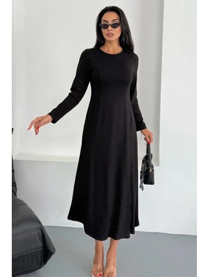 Ded Collection Kadın Bisiklet Yaka Parçalı Kuplu Midi Uzun Kol Modal Elbise
