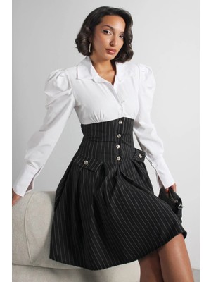 Ded Collection Kadın Beyaz Gömlek Üstlü Çizgili Korse Detaylı Zarif Vintage Stil Elbise