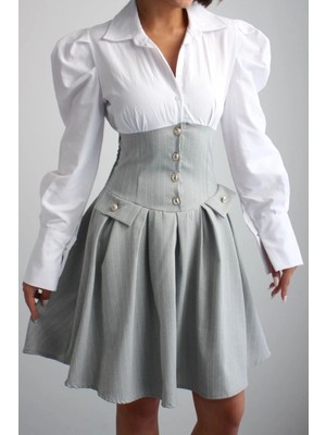 Ded Collection Kadın Beyaz Gömlek Üstlü Çizgili Korse Detaylı Zarif Vintage Stil Elbise