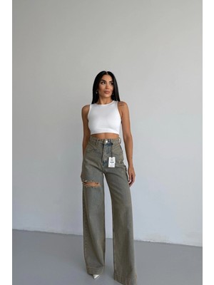Meecy Yüksek Bel Asimetrik Kemerli Wide Leg Jean Pantolon