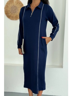 Ded Collection Kadın Polo Yaka Yarım Fermuarlı Arabiyeli Uzun Modal Elbise