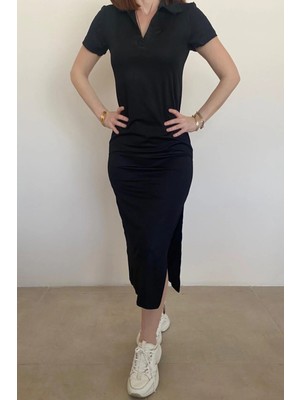 Ded Collection Kadın Polo Yaka Kısa Kollu Midi Elbise