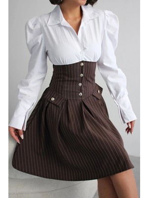 Ded Collection Kadın Beyaz Gömlek Üstlü Çizgili Korse Detaylı Zarif Vintage Stil Elbise