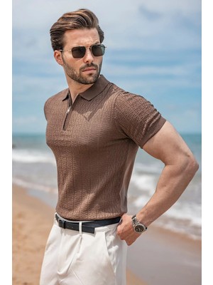 Madmext Açık Kahverengi Regular Fit Polo Yaka Triko Erkek Tişört E7503