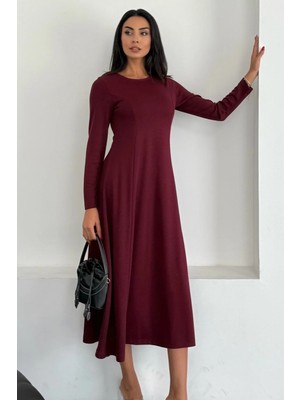 Ded Collection Kadın Bisiklet Yaka Parçalı Kuplu Midi Uzun Kol Modal Elbise