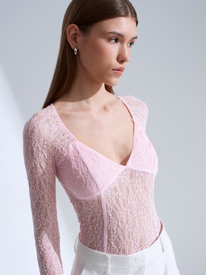 Dilvin 32625 Dantel Şerit Detaylı Top-Açık Pembe