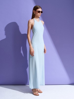 Dilvin 90586 %100 Lyocell Halter Yaka Elbise-Mavi