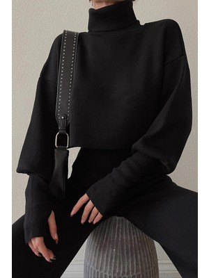 Meecy Triko Crop Pantolon Takım Siyah