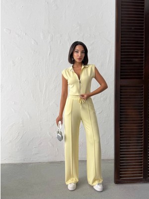 Meecy Kadın Polo Yaka Fermuarlı Crop Yelek ve Geniş Paça Çimalı Pantolon Ikili Takım