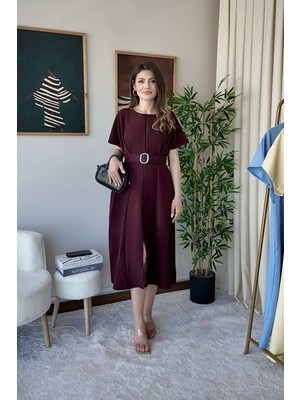 Meecy Maxi Bordo Kemerli Elbise