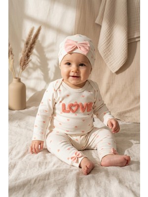 Dyzstar %100 Pamuklu Mia Love Kalp Desenli Fiyonk Detaylı 3 Lü Bebek Takımı - Somon /beyaz 3-9 Ay