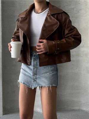 Meecy Oversize Taba Deri Ceket