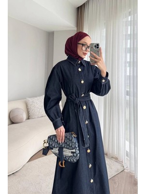 Meecy Gold Düğmeli Denim Tesettür Elbise