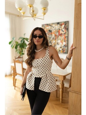 Meecy Kadın Askılı Puantiyeli Korse Görünümlü Peplum Bluz