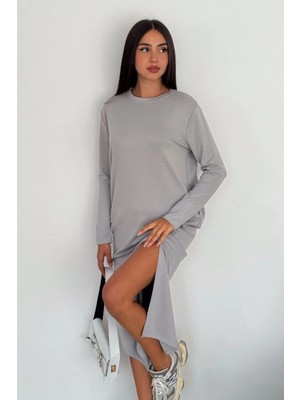 Ded Collection Kadın Modal Kumaş Uzun Kol Bisiklet Yaka Uzun Elbise