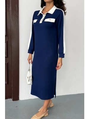 Ded Collection Kadın Polo Yaka Süs Düğmeli ve Cepli Midi Boy Modal Elbise