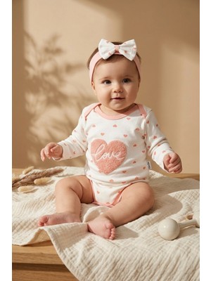Dyzstar Aria Love Kız Bebek 3 Lü Takım - %100 Pamuklu Kalp Desenli Zıbın, Alt ve Bandana Seti - Pudra 3-9 Ay