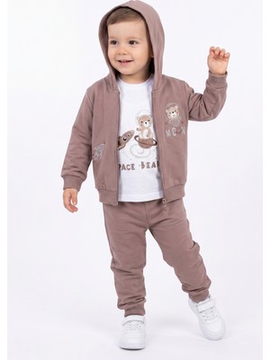 Toontoy Erkek Çocuk 3'lü Kapüşonlu Fermuarlı Ayıcık Nakışlı Eşofman Takım