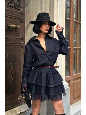 Meecy Kadın Lacivert Denim Fırfırlı Mini Elbise
