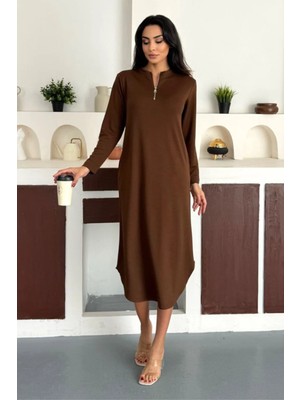 Ded Collection Kadın Yarım Fermuarlı Uzun Kollu Eteği Oval Midi Modal Elbise