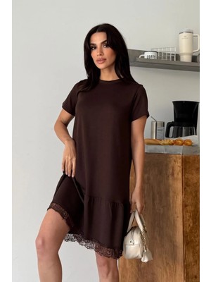 Ded Collection Kadın Kısa Kol Eteği Dantel Detaylı Yazlık Modal Elbise