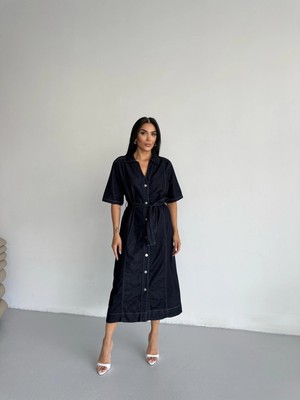 Meecy Kuşaklı Modest Kot Elbise