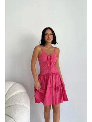 Ded Collection Kadın Pliseli Keten Askılı Büzgülü Elbise