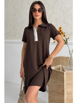 Ded Collection Kadın Yakası Yazı Detaylı Polo Yaka Kısa Kol Modal Yazlık Elbise