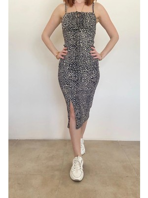 Ded Collection Kadın Leopar Desenli Göğüs Bağlamalı Askılı Elbise