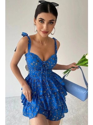 Meecy Askılı Elbise Eteği Volanlı Elbise Göğüs Destekli Elbise Mini Elbise Çiçekli Elbise Desenli Elbise